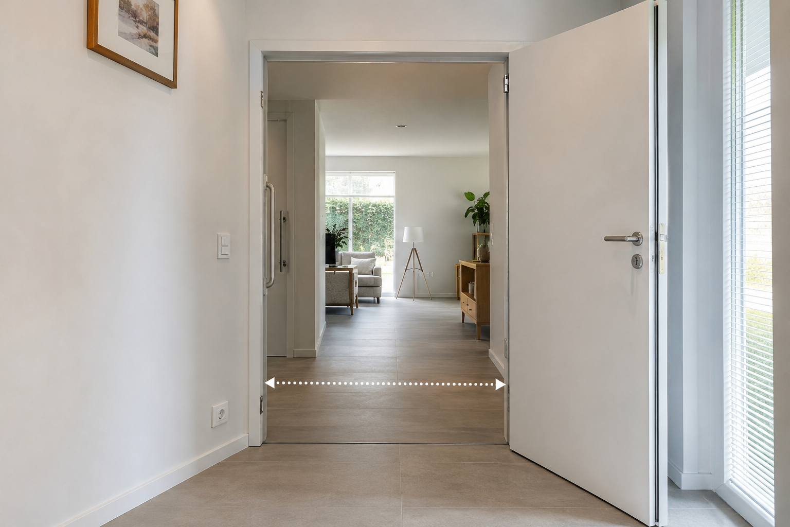 Couloir d’un logement avec parquet et portes ouvertes facilitant la circulation.